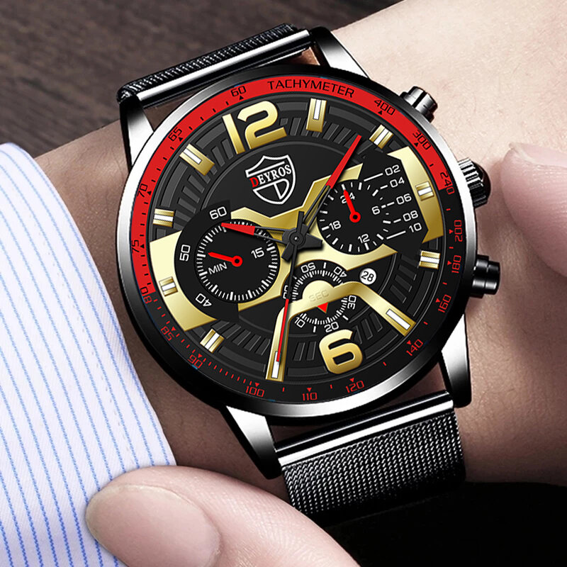 2023 Casual Calendar Watches for Men Business Stainless Steel Mesh Strap Men's Dressy Watch Fashion Male Clock reloj hombre New
