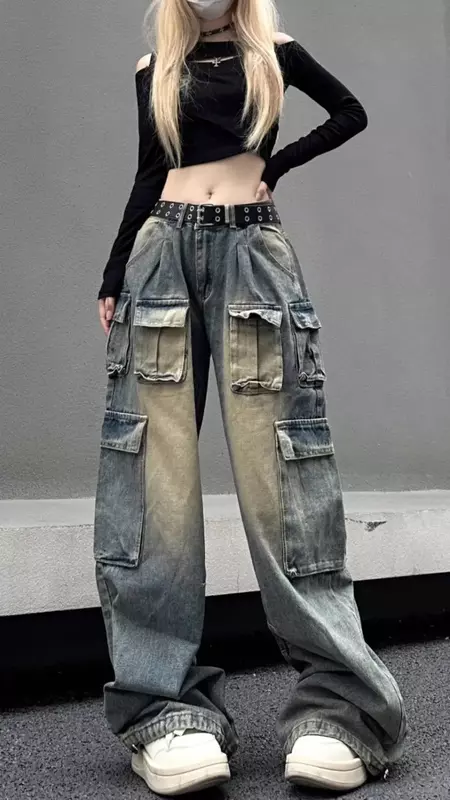 American JC Multi Pocket Style High Waist Strap Jeans Women's Washed Wide Leg High Street Baggy Fashion Pants Jeans y2k