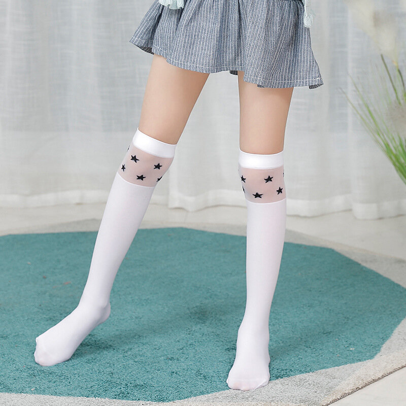 봄 여름 소녀 귀여운 학생 학교 두꺼운 양말, 어린이 스타킹, 벨벳 무릎 높이, 긴 단색 흰색 줄무늬 허벅지, 3-12Y