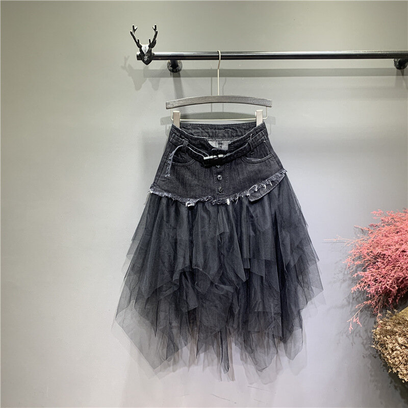 Женская джинсовая юбка с высокой талией, трапециевидная юбка составного кроя с асимметричными оборками, Готическая шикарная юбка из фатина Q878