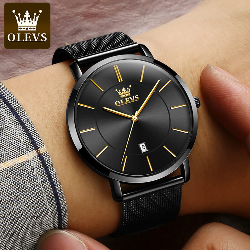 Olevs-メンズステンレススチール防水超薄型クォーツ時計、シンプルなファッション時計、トップブランドの高級時計