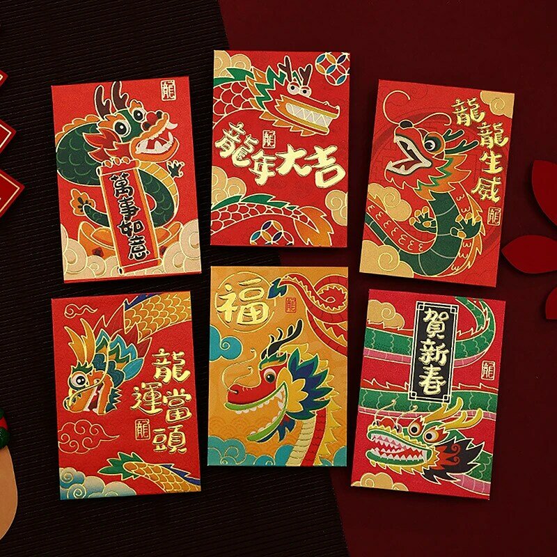 Sobre rojo de la suerte de Año Nuevo Chino, 6 piezas, dragón, regalos, bolsillo para dinero, paquete rojo, suministros de Año Nuevo, 2024