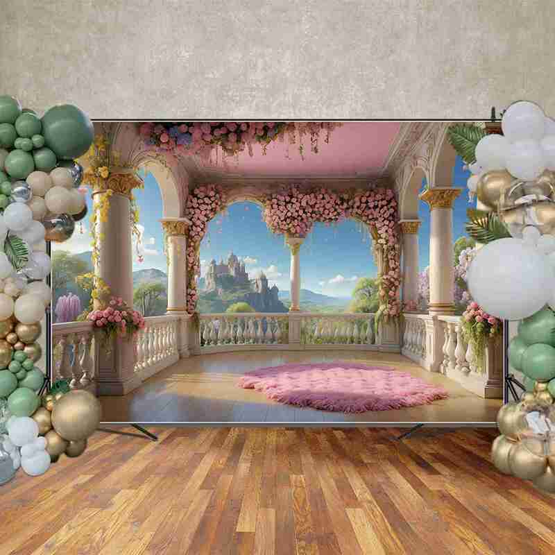MOON.QG Floral Flower Garland Princess Birthday Backdrops Women Marble Viewing Platform Backgrounds Custom Party Photocall Props