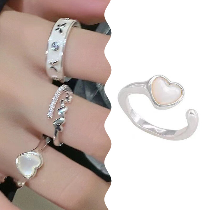 Korean Style Fashion Vintage Heart Shell Butterfly Ring Punk Opening Adjustable Ring Ladies Girls Aesthetic Jewelry Party Gift