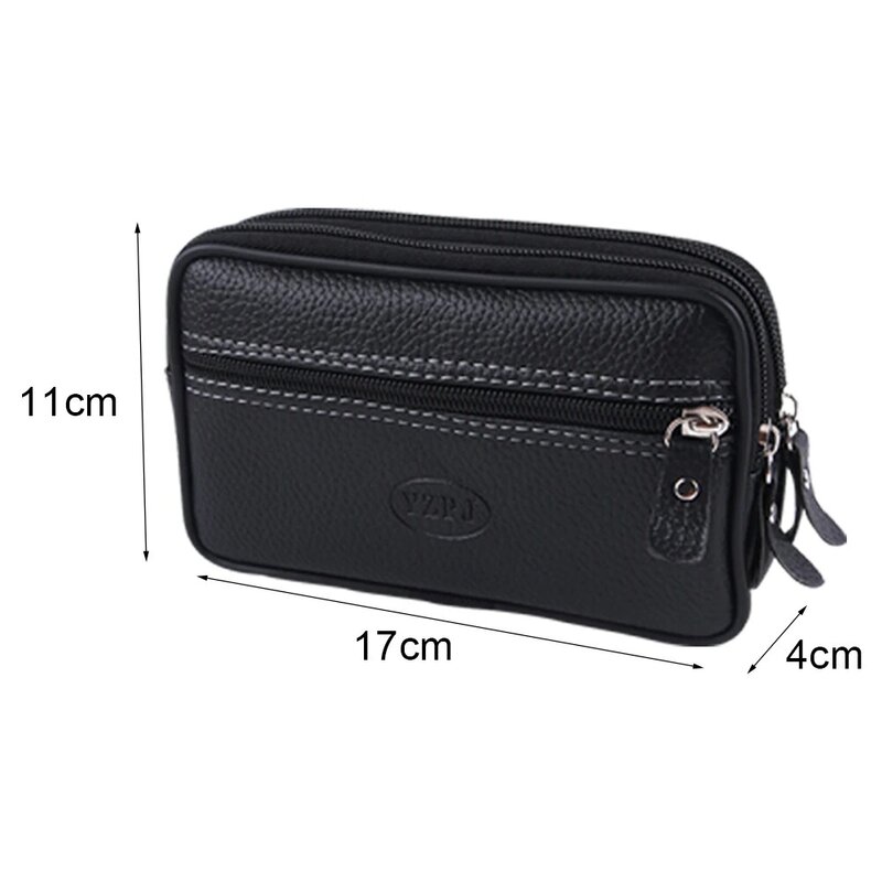 Male Mobile Phone Waist Belt Bag PU Leather Card Holder Zipper Outdoor Jogging Sports Running Bag Double Layers Soft Bum Bag
