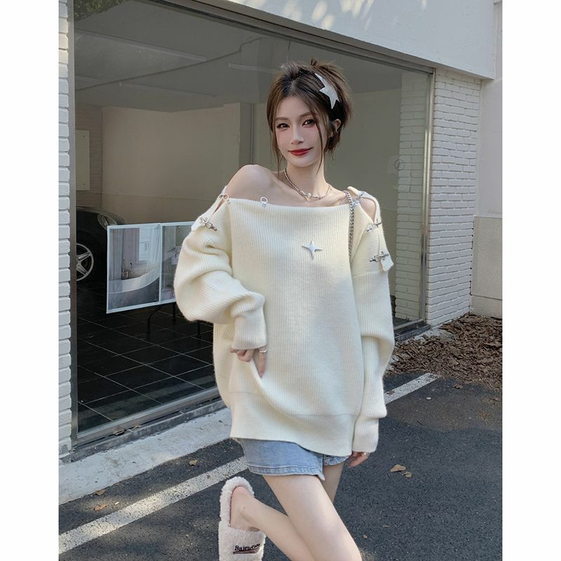 Contrast Star Off-Shoulder Sweater American Fashion Lazy One Shoulder Knit Sweater Hot Girl Loose Pullover Long Sleeve Tops J90