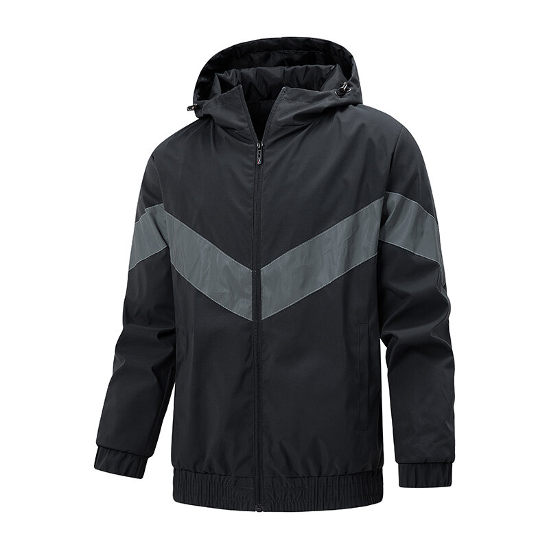 Men Hooded Thin Style Jacket Vintage Reflective Strips Sport Coat Waterproof Outdoor Windbreaker Jacket Patchwork Oversize Coat