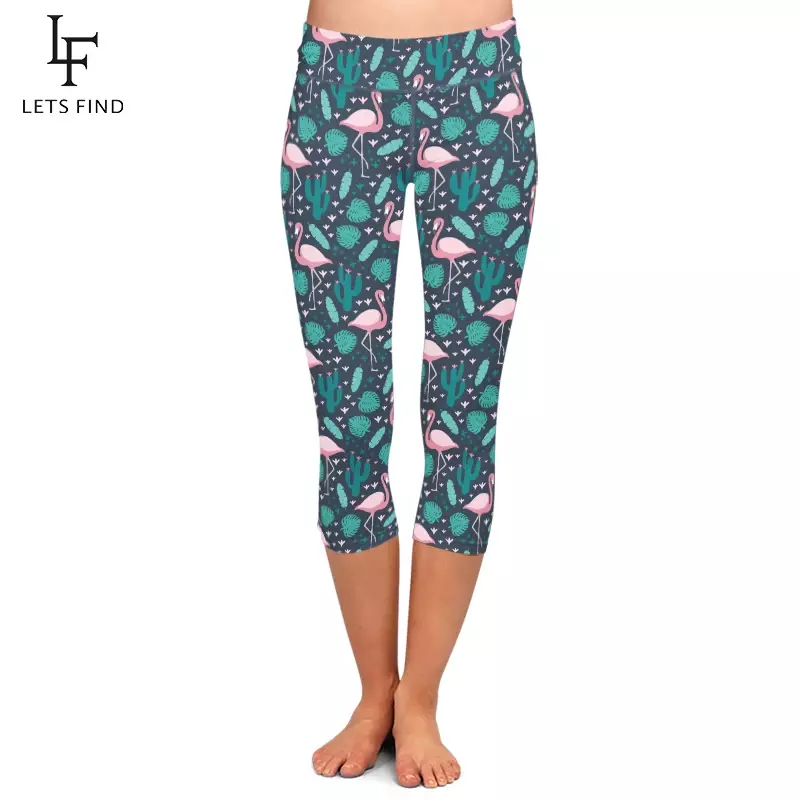 LETSFIND letnie modne damskie legginsy Capri flamingi i nadruk roślin połowy łydki 3/4 wysokiej talii legginsy na co dzień