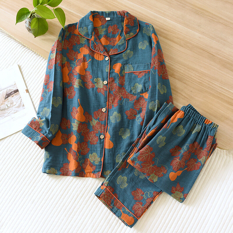 2024 japońskie wiosenne i jesienne nowe damskie zestaw piżamy 100% bawełniane spodnie Vintage z długimi rękawami dwuczęściowy zestaw dla elementy wyposażenia domu