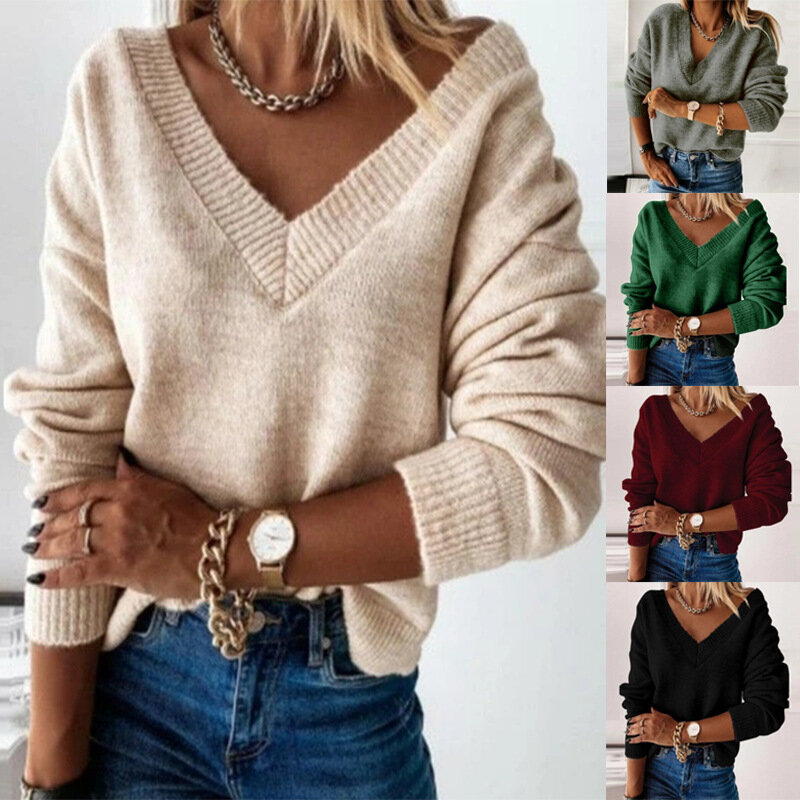 Suéter de malha sensual com decote em v, pulôver de manga longa feminino elegante e chique da moda para outono e inverno