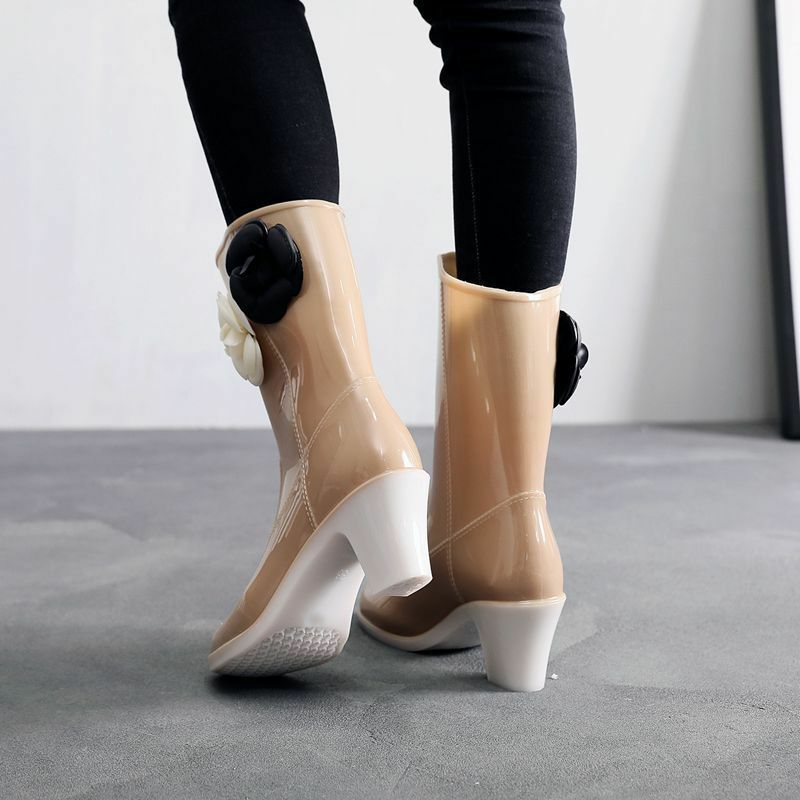 New Women's Rain Boots Camellia Decoration 2024 Fashion Outdoor White Long Tube Waterproof Non-slip Rain Boot Cover Saliva Shoes