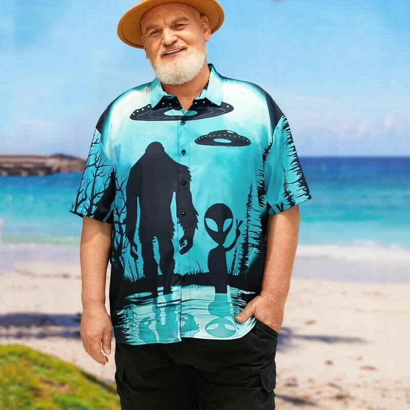 남성용 3D 외계인 프린트 하와이안 반팔 셔츠, 오버사이즈 루즈한 의류 상의, 여름 캐주얼 셔츠, 패션