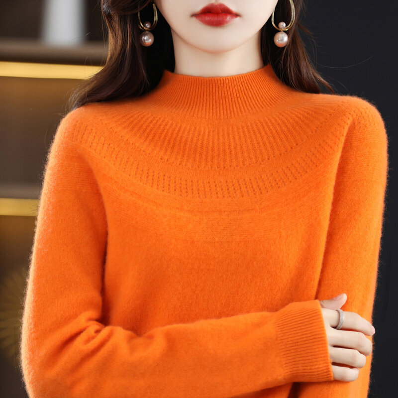 Cashmere Sweater Women 23 Autumn Winter Seamless Connection Half High Collar Pure Wool Knitting Pullover Hollow Loose Jumper Top