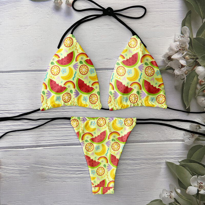 New donut cartoon fruit pattern swimsuit ladies fashion 3D printing bikini set summer beach vacation novelty lace-up bikini