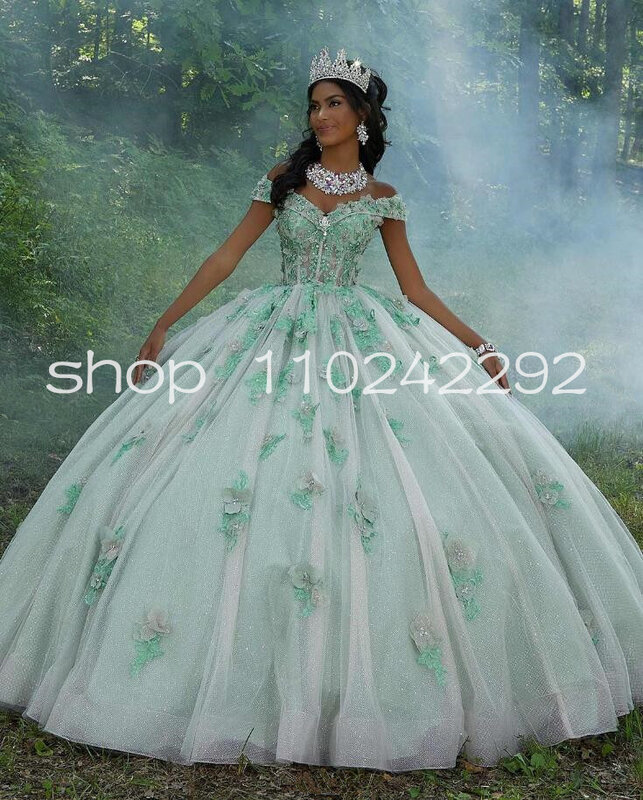 Gaun bahu terbuka gaun putri Quinceanera Hijau buah rok gillter motif bunga 3D vestidos de 15 quincea20era manis 16 gaun