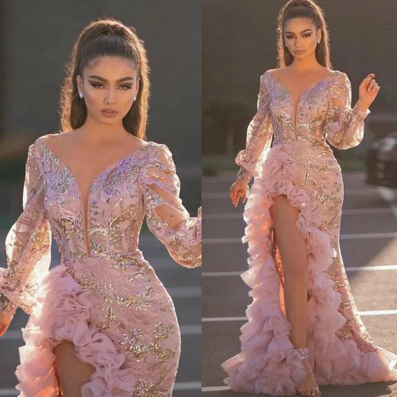 Pink Formal dress For Women Evening Dresses Sheath Long Sleeves Beading High Side Split Floor Length Prom dress Robes De Soirée