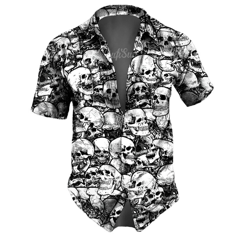Chemises tête de mort pour hommes, Streetwear à revers, Chemise vintage pour hommes, Street Hip Hop, Haut à manches courtes, ixd'été, Chemises hawaïennes pour hommes, 2023