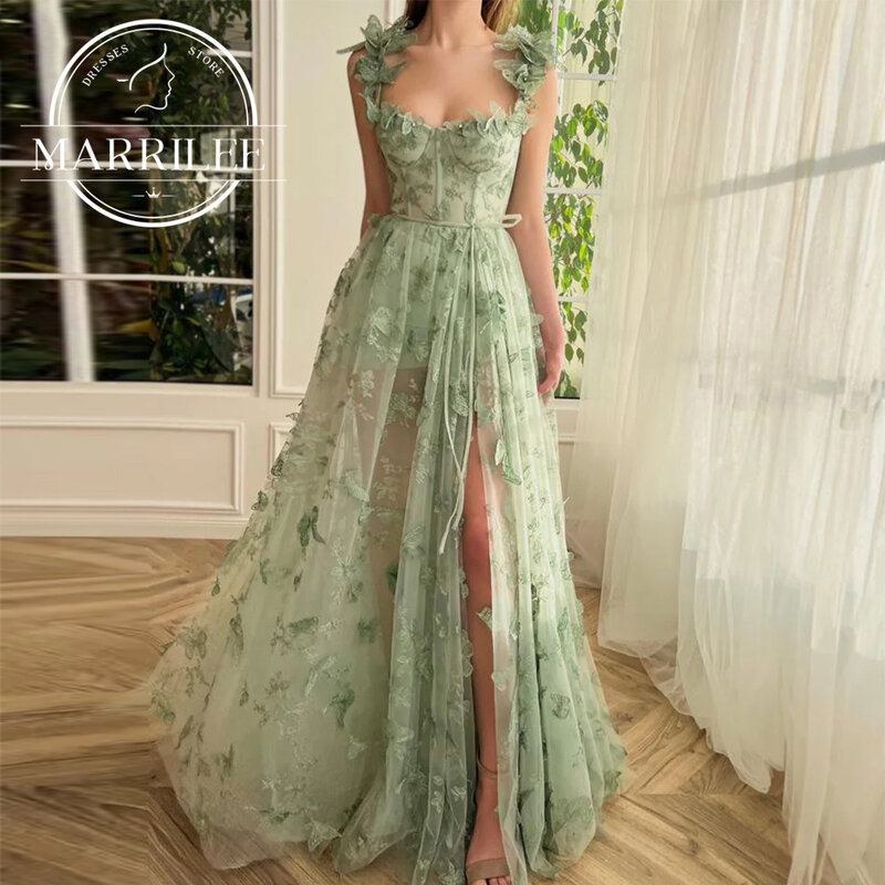 Marrilee принцесса Кружевная аппликация 3D Цветы Тюль вечернее платье на тонких бретельках сердечко трапециевидной формы с высоким Боковым Разрезом платье для выпускного вечера 2024