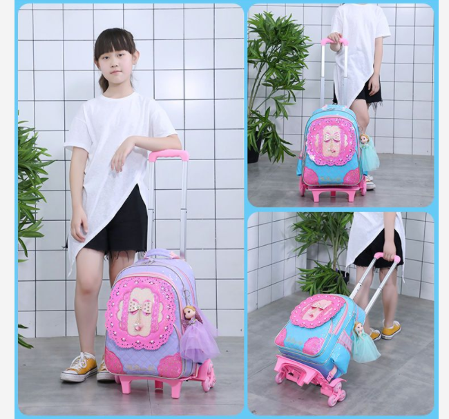School wheeled backpack for girls PU leather Primary school bag with wheels kids School trolley bag School Rolling backpack cart
