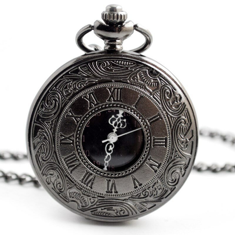 Цельнометаллические винтажные очаровательные черные модные кварцевые карманные часы с римскими цифрами в стиле стимпанк для женщин и мужчин, подвеска на цепочке