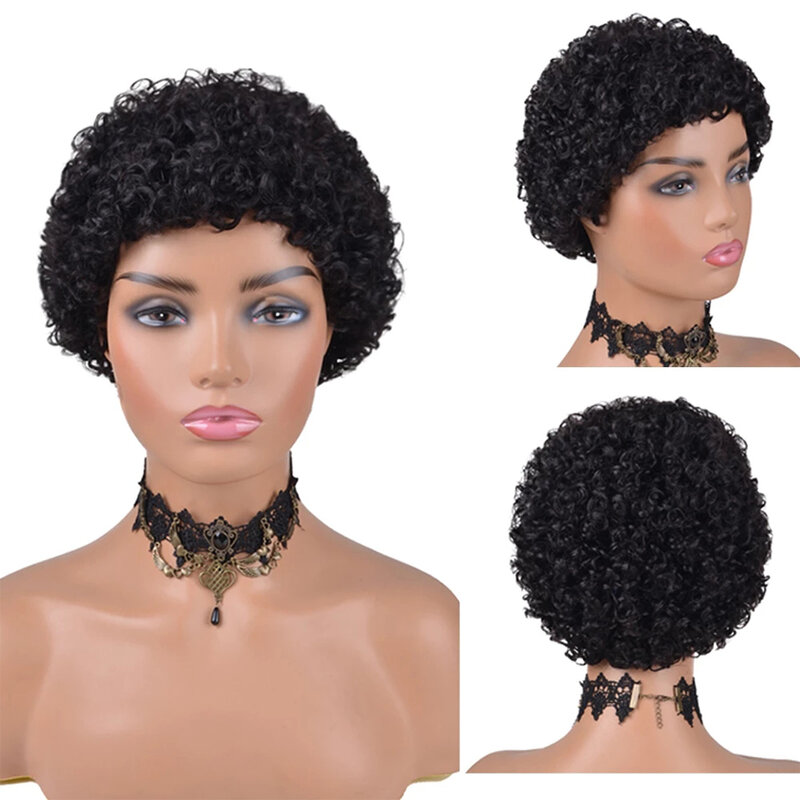 Pelucas de cabello humano brasileño Remy para mujeres negras, pelo corto rizado, corte Pixie, 180% de densidad, hecho a máquina, Afro, rizado