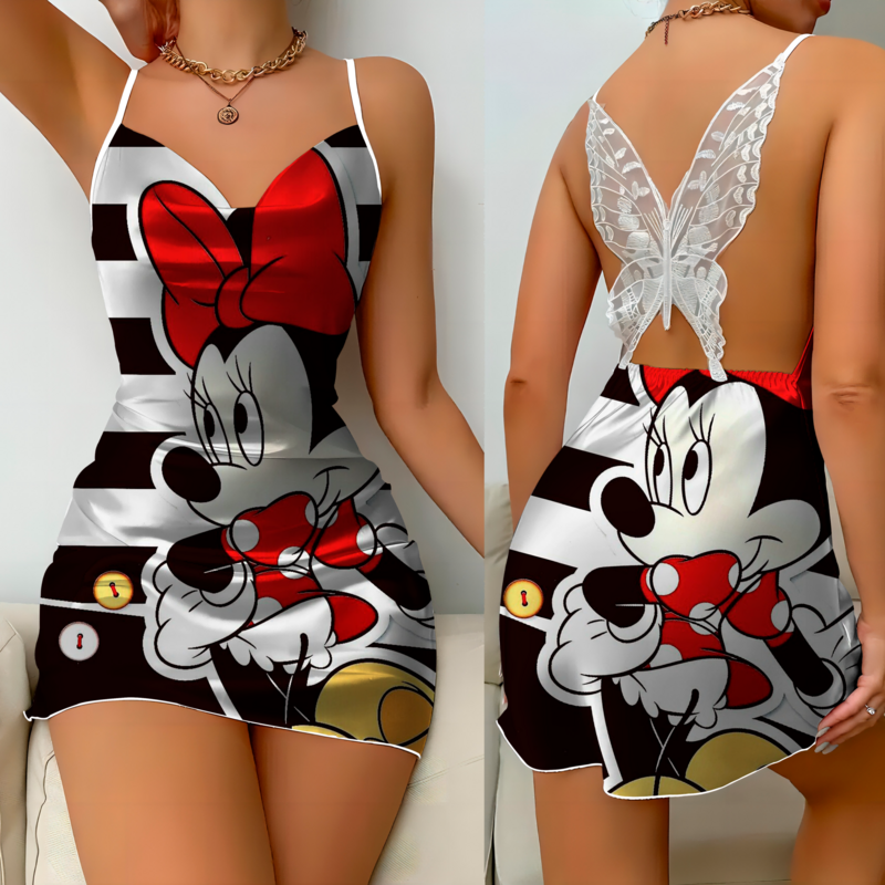 Saia de pijama feminina Minnie Mouse, vestido Mickey, superfície de cetim, nó laço, moda Disney, vestidos elegantes de festa, verão, 2024