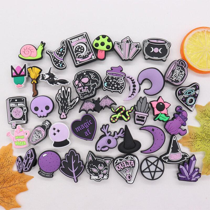 Sell Retail 1pcs PVC Shoe Charms Magic Purple Moon Crystal Cat Skull Witch Accessories Shoes Buckles For Kids Party Present