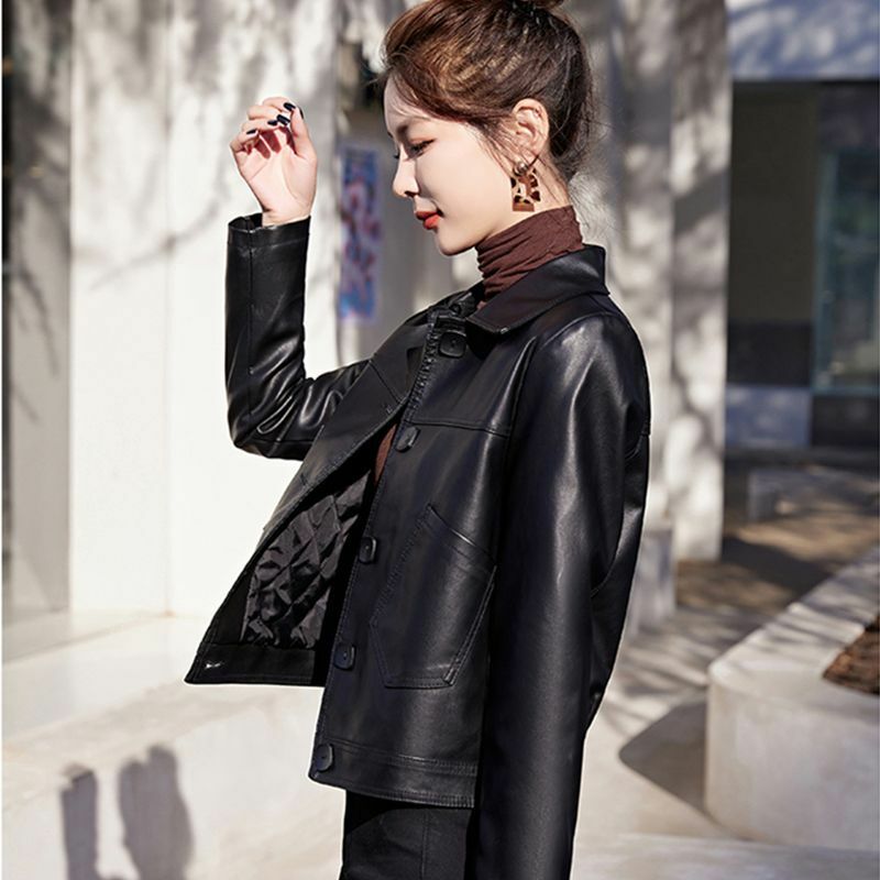 2024 Spring Women Short Faux Leather Jacket Single-breasted Black Moto Biker Windproof Leather Coat Turndown Collar Outwear Q324