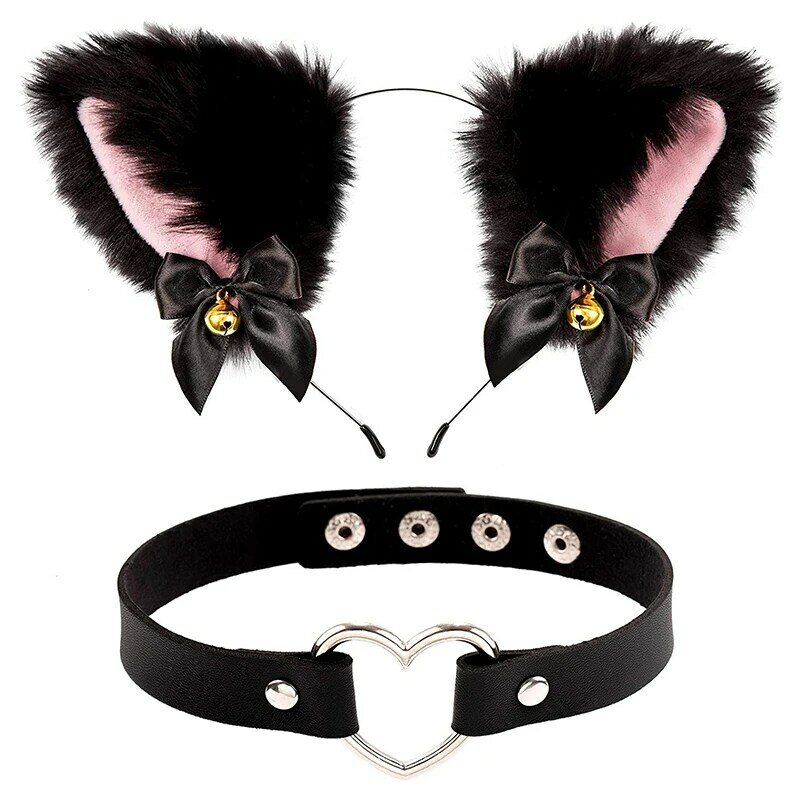 2Pcs Black Cat Ear Headband with Bell Heart Chocker Necklace Girl Plush Furry Cat Ear Hair Band Women Girls Cosplay Party Dress