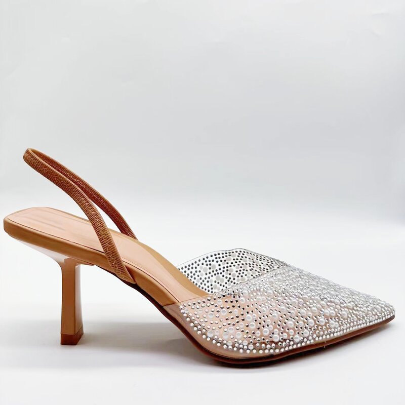 Nuove scarpe da donna 2024 perle artificiali marroni con tacchi alti e scarpe a punta sandali da donna