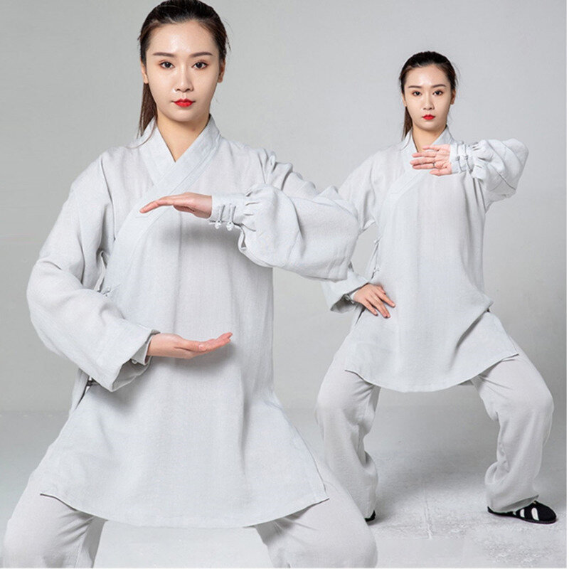 ملابس نسائية صينية تقليدية من الكتان القطني ، تمرين Wudang Tai Chi ، زي فنون الدفاع عن النفس ، طقم توب بنطلون كونغ فو الطاوي