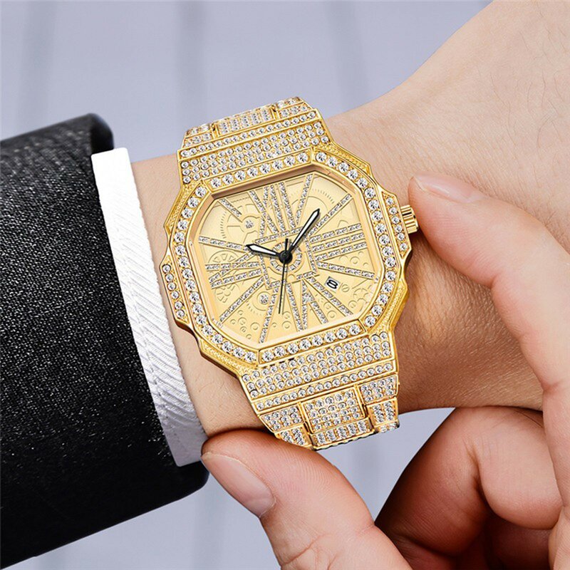 2022 Fashion Luxury Watches Men Classic Business Roman Numerals Pave Zircon Quartz Watches For Men Present Relogio Masculino