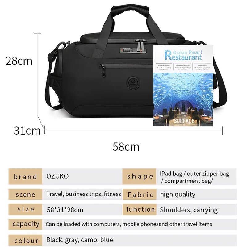 OZUKO 55L Large Capacity Travel Bags Men Multifunction Gym Handbags With Shoes Bag Portable Short Trip Waterproof Duffel Bags