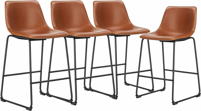 JHK 26 Inch Counter Height Bar Stools Set of 4 Modern Faux Leather High Barstools with Back and Metal Leg Brown