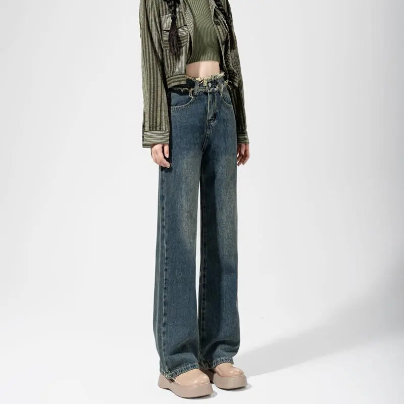 Jeans feminino de borda irregular, cintura alta, tubo reto, estilo solto, torres de chão, estilo retrô, moda primavera e outono, 2023