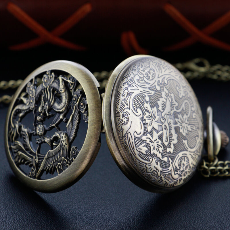 Dragon Undead Bird Display Quartz Pocket Watch Vintage Bronze Fob Chain Roman Digital Round Dial Necklace Pendant Clock Gift