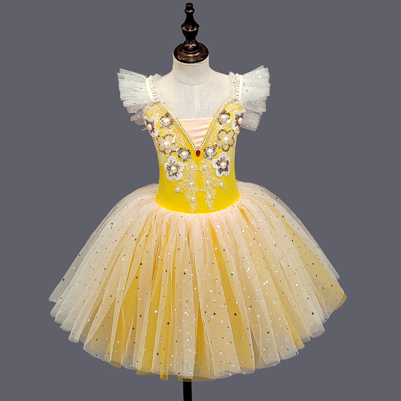 Vestido de balé com lantejoulas para meninas, saia Swan Dance, tutu fofo, saia de fios, roupas de performance infantil