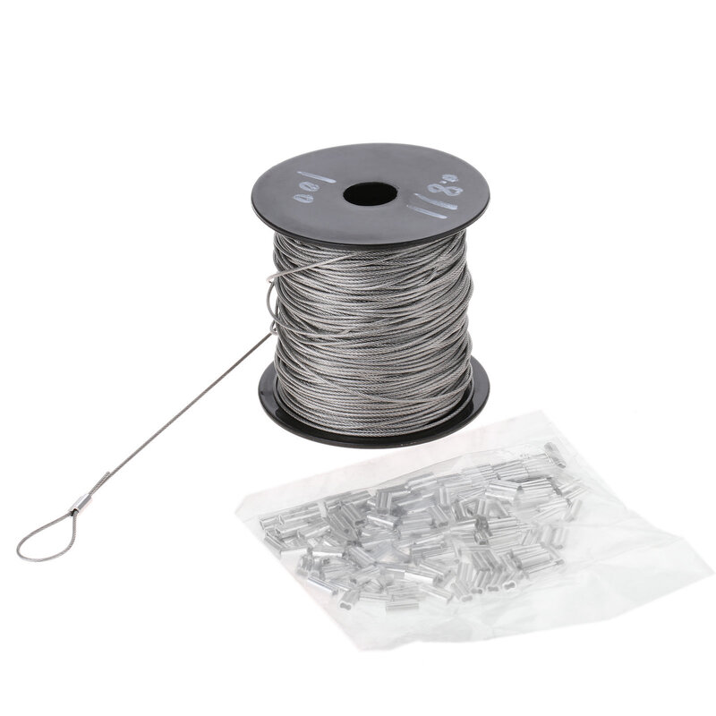7x7 1mm Dia 304 Stainless Steel 100m Wire Coated Rope Fishing Clothesline Lifting with 150pcs Crimping Loop Sleeve Wire Rope Fix