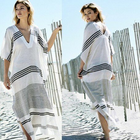 WeHello-Свободный и удобный пляжный накидка для бикини с V-образным вырезом для женщин, хлопковая полоска, праздничная юбка, длинный стиль