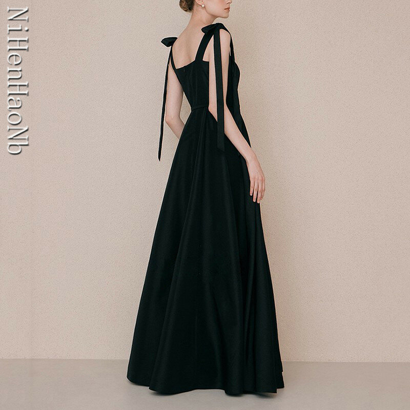 Новинка, черное элегантное атласное платье без рукавов, классическое свадебное платье в пол на бретелях-спагетти, фотосессия