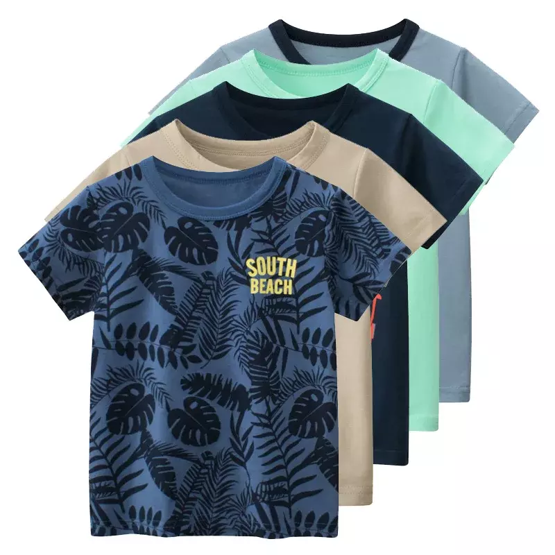Baju Anak laki-laki Musim Panas 2024 baju anak-anak motif huruf daun kaus anak laki-laki lengan pendek atasan katun kaus Dropshipping