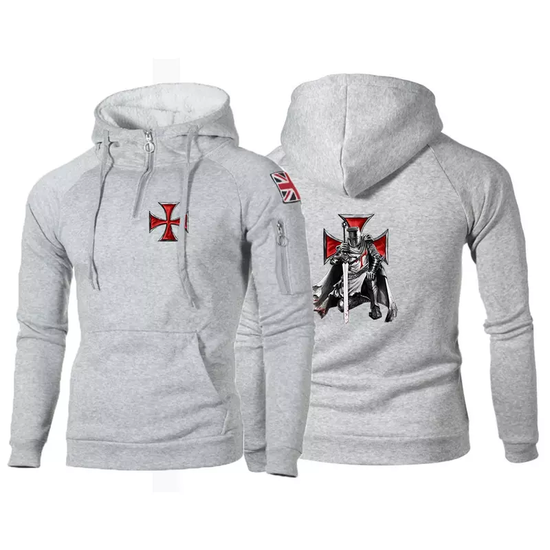 Knights Templar New Men Spring Autumn Fashion Sports Long Sleeve Pullovers Zipper Neck Casual Slim Fit Gym Fitness Hoodie Tops