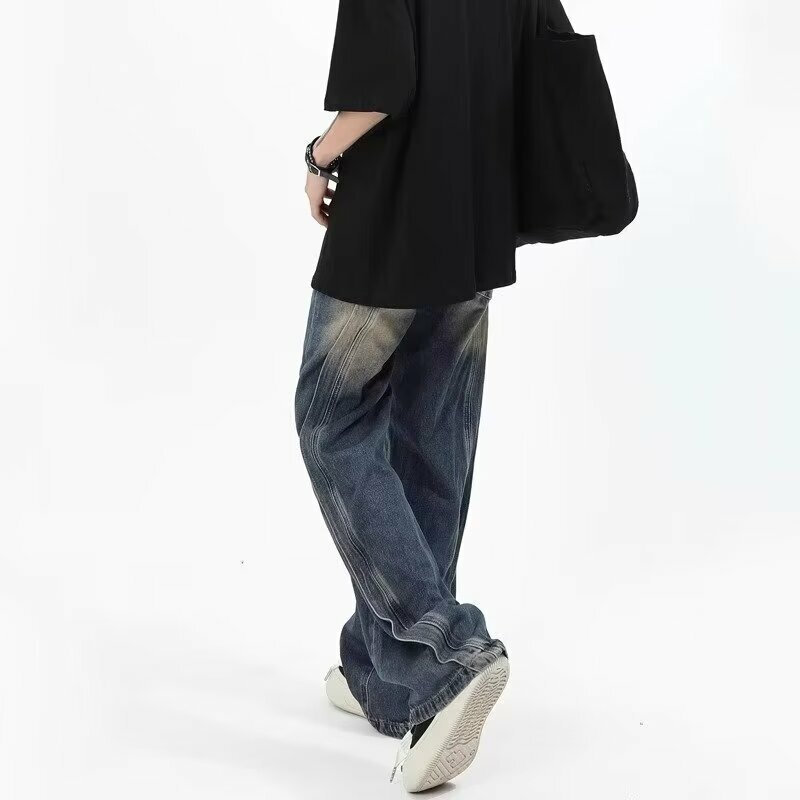 American High Street Jeans Herren Retro Schwerindustrie dekonstruiert Spleißen y2k Design gerade weites Bein Hose koreanische Mode