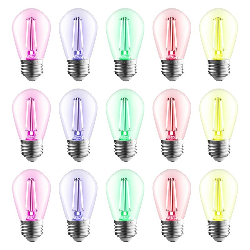Lâmpadas LED de filamento coloridas não reguláveis, luz de corda ao ar livre, EUA, 15-Pack, S14, 1.2W