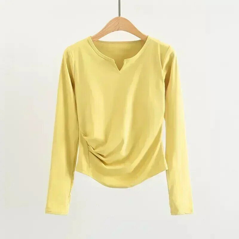 Lemon-Camiseta deportiva de manga larga con cuello en V para mujer, para el pulgar Camisa ajustada con agujero, dobladillo ligero, Túnica, camiseta de Pilates, Top