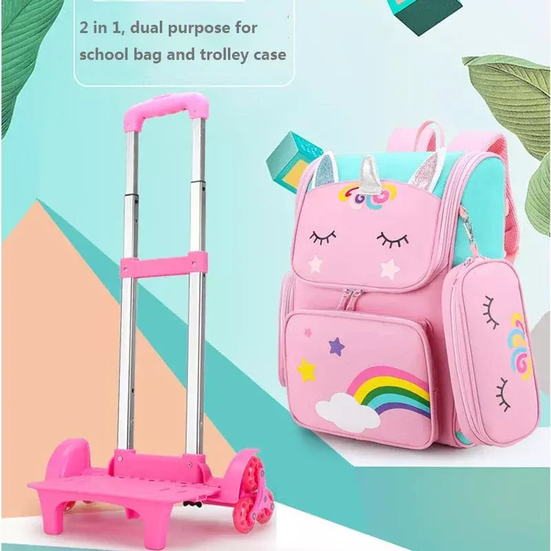 Cartoon Unicorn School Bags zaino con ruote per ragazze Trolley Bag con ruote studente bambini Rolling zaino Trolley Bag