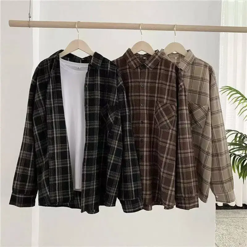 Camisa xadrez vintage de manga comprida de botão feminino, tops grandes, moda coreana, outwear casual outono, outono, 2021