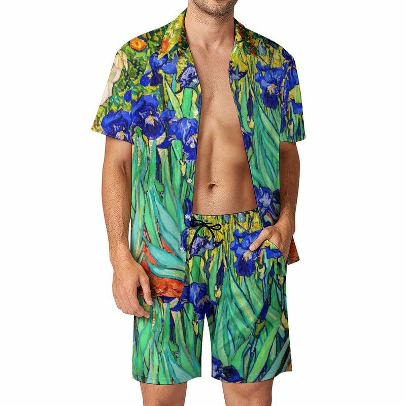 Conjunto de camisa casual estampada floral masculina, conjuntos de shorts de férias de verão, terno novo plus size, Van Gogh, tamanho grande, 2 peças