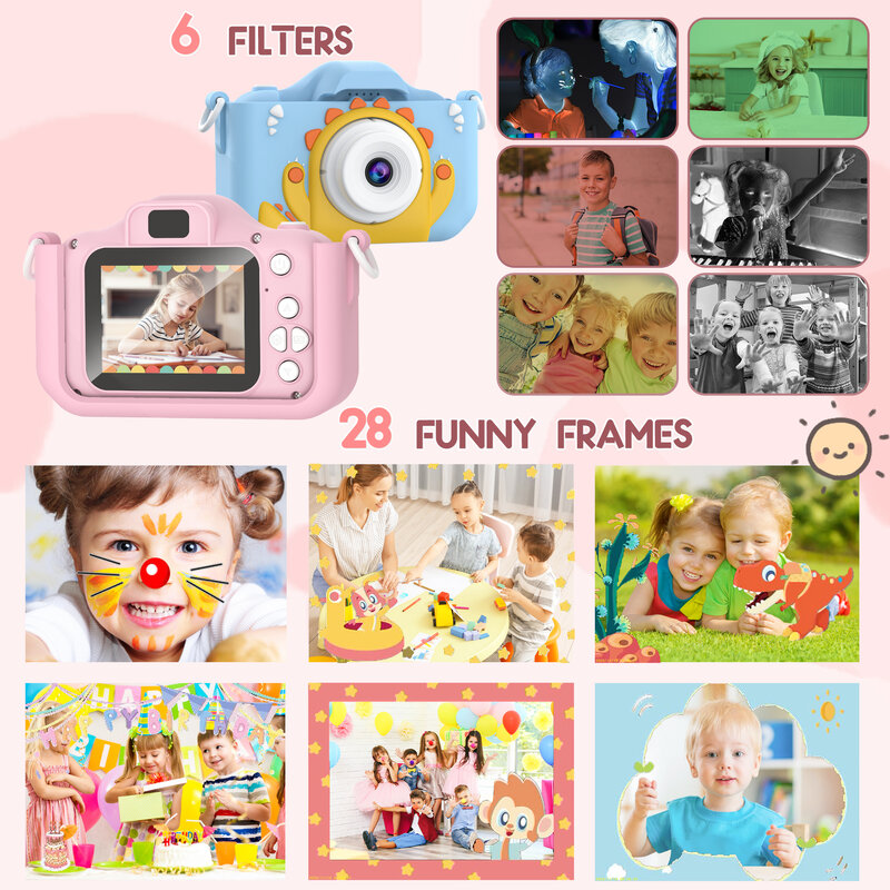 Videocámara digital para niños con cubierta de silicona suave de dibujos animados, regalo perfecto para vacaciones de cumpleaños, incluye tarjeta SD de 32GB