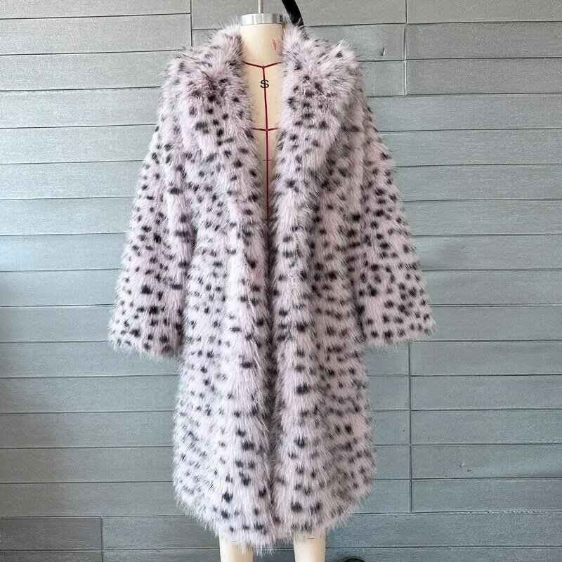 2024 Winter Faux Fox Fur Coat Women Fashion Turn Down Collar Leopard Print Long Fluffy Jacket Thick Warm Windproof Plush Outwear